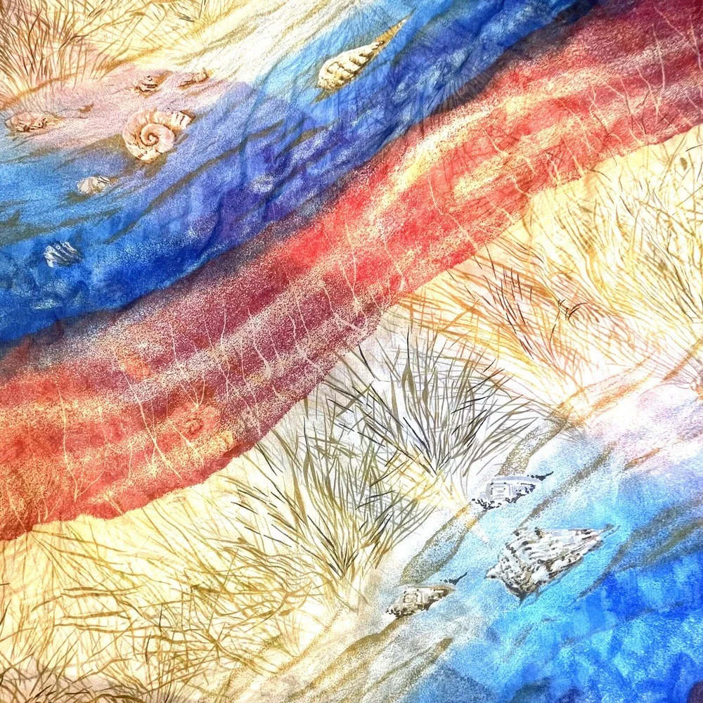 Vintage Scarf SHELLS Nautical Beach Labels removed 60x42 Blue Red Tan Soft Silky